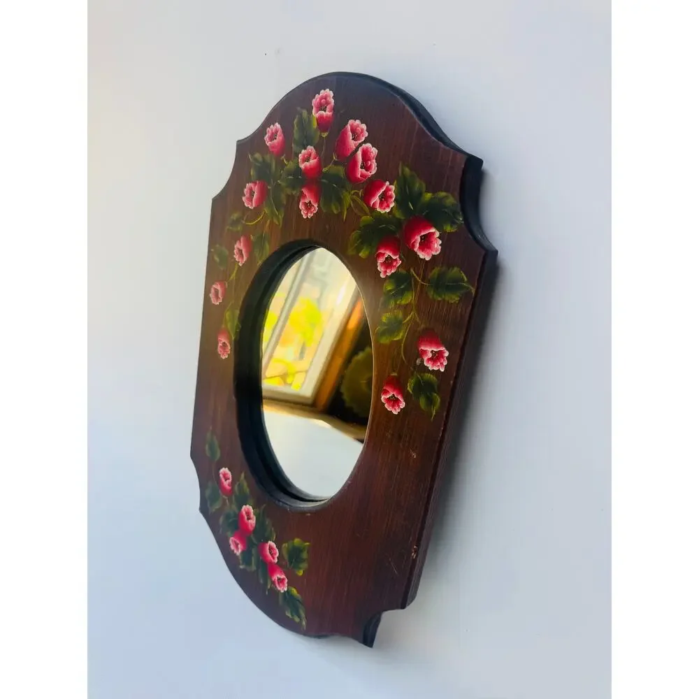 Vintage Hand Painted Floral Wood Wall Mirror Folk Art Pink Flowers